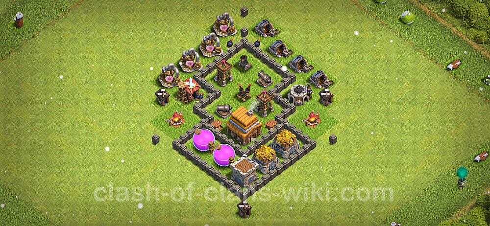 Anti Everything TH4 Base Plan with Link, Hybrid, Copy Town Hall 4 Design 2024, #1583