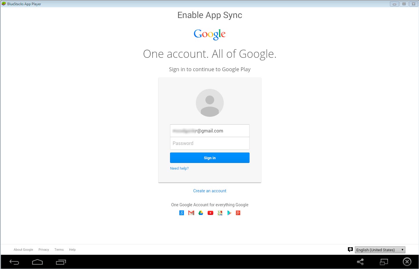 Input form of Google account login and password for App Sync