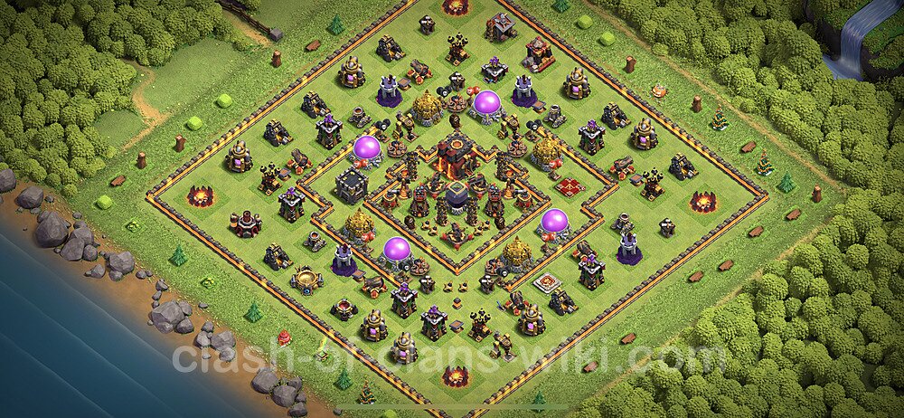 TH10 Trophy Base Plan with Link, Hybrid, Copy Town Hall 10 Base Design 2023, #255