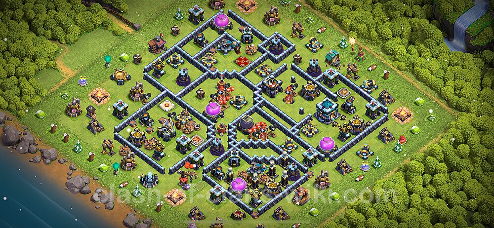 TH13 Trophy Base Plan with Link, Hybrid, Copy Town Hall 13 Base Design 2024, #1451