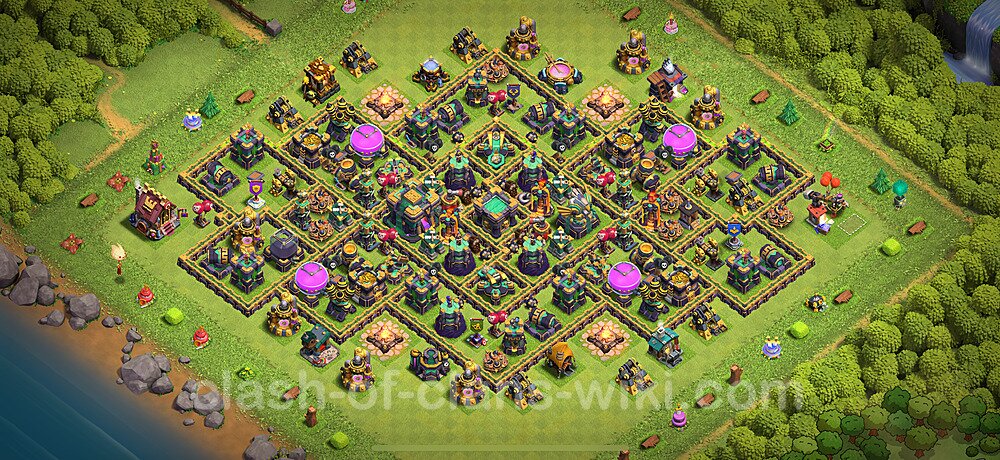 TH14 Trophy Base Plan with Link, Hybrid, Copy Town Hall 14 Base Design 2025, #2886
