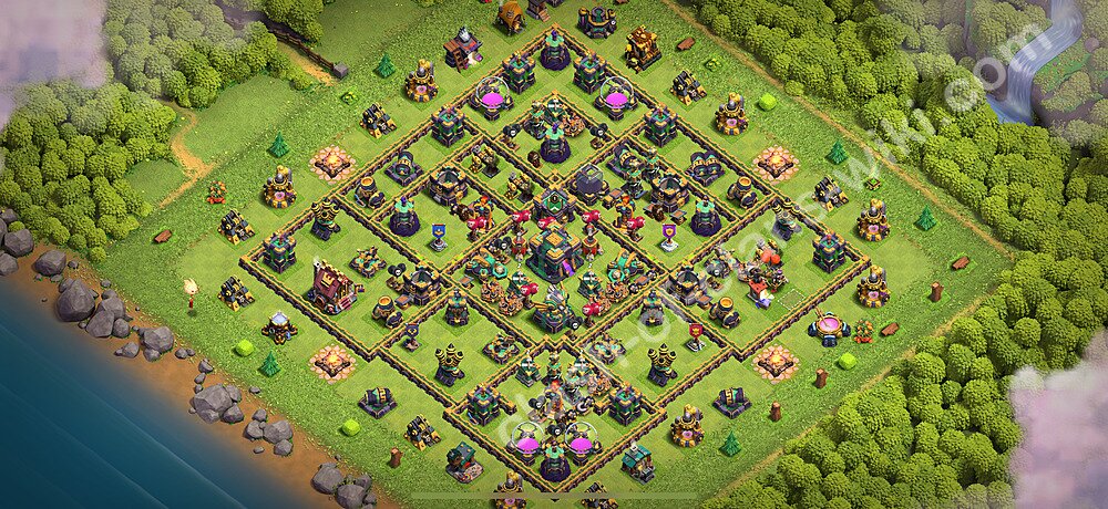 TH14 Trophy Base Plan with Link, Hybrid, Copy Town Hall 14 Base Design 2026, #3208