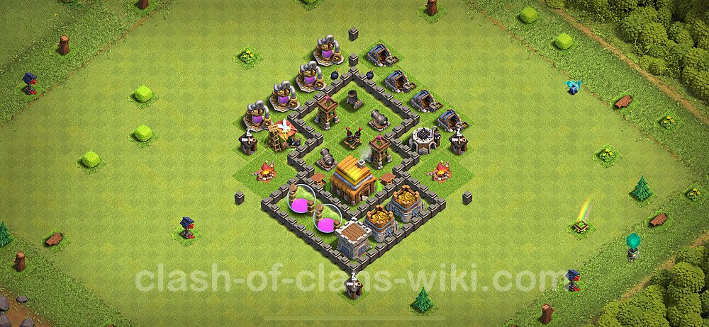 Anti Everything TH4 Base Plan with Link, Hybrid, Copy Town Hall 4 Design 2024, #1583