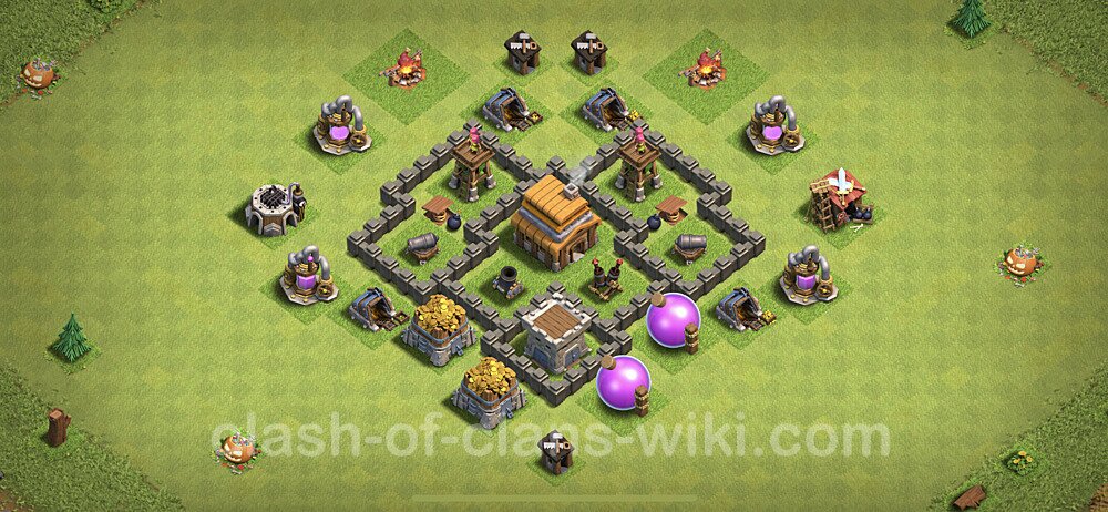 TH4 Anti 2 Stars Base Plan with Link, Anti Air, Copy Town Hall 4 Base Design, #180