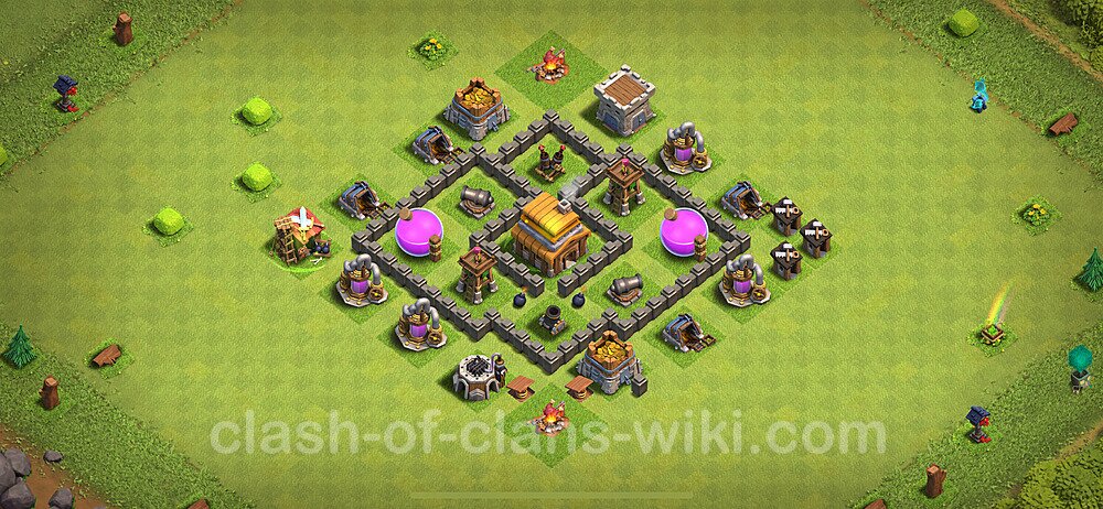 Anti Everything TH4 Base Plan with Link, Hybrid, Copy Town Hall 4 Design 2024, #192