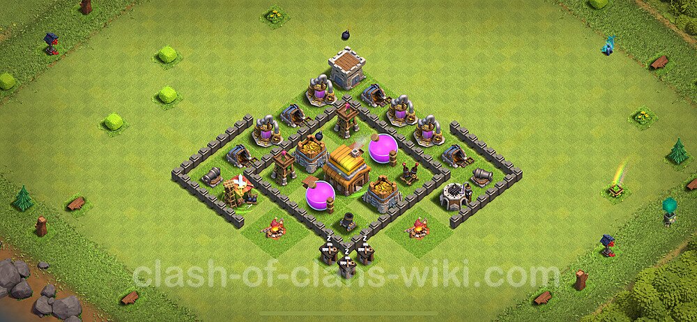 Base plan TH4 (design / layout) with Link, Anti 3 Stars, Hybrid for Farming 2024, #184