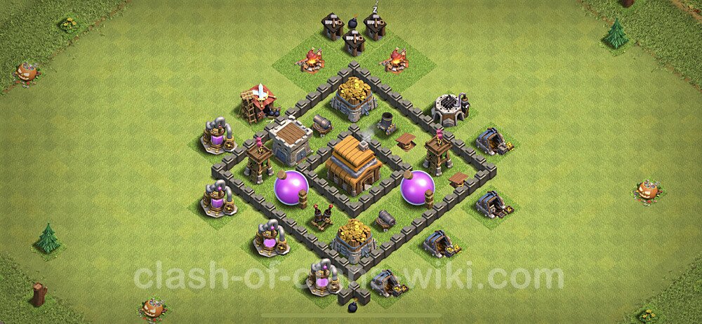 Base plan TH4 Max Levels with Link, Anti Everything, Hybrid for Farming, #58