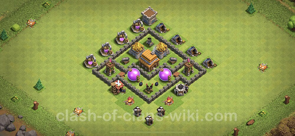 Base plan TH4 Max Levels with Link, Anti Everything, Hybrid for Farming, #60