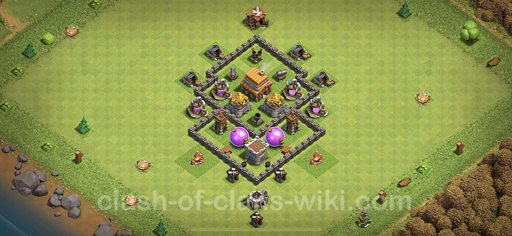 Base plan TH4 (design / layout) with Link, Anti Everything, Hybrid for Farming, #62