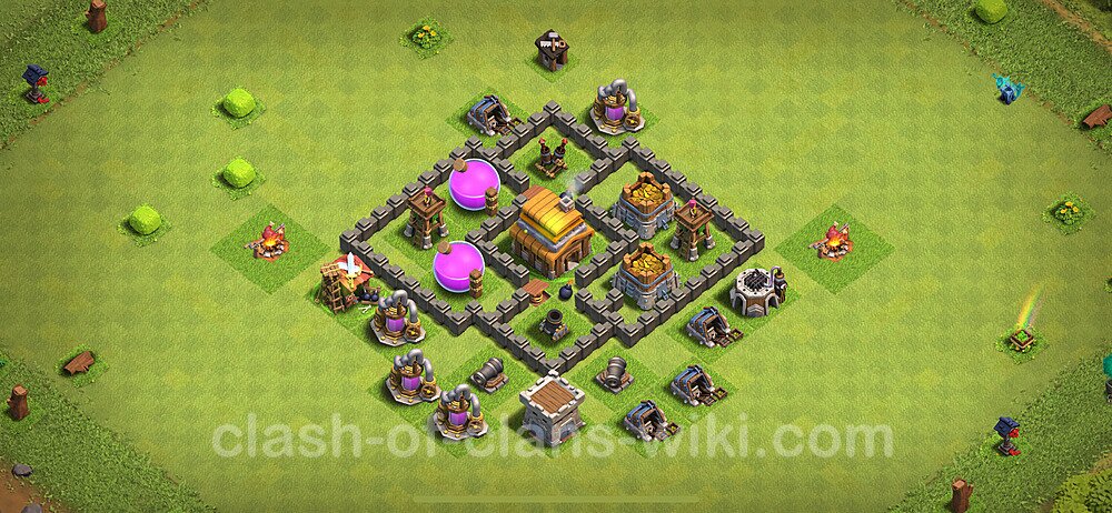 Base plan TH4 (design / layout) with Link, Anti 3 Stars, Hybrid for Farming 2024, #886