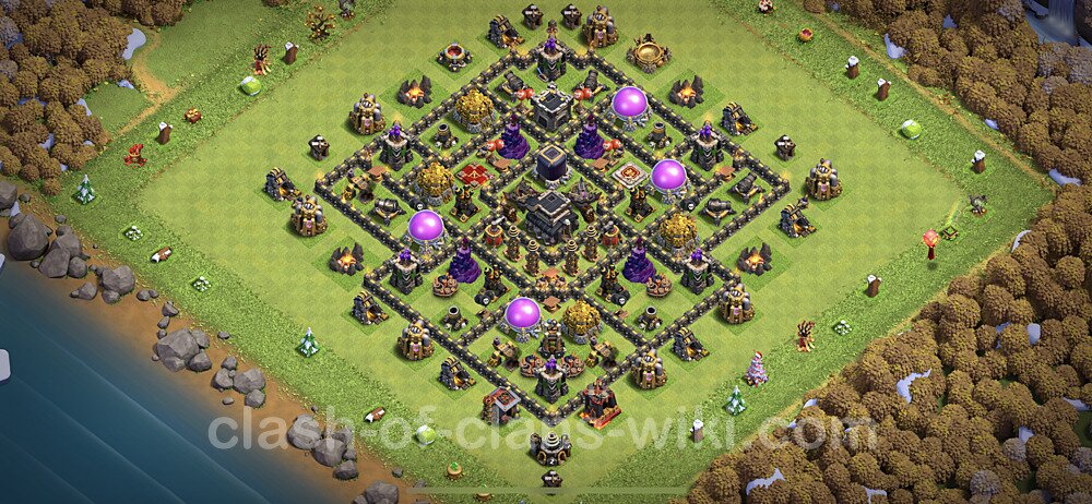 TH9 Trophy Base Plan with Link, Anti Everything, Hybrid, Copy Town Hall 9 Base Design 2023, #396